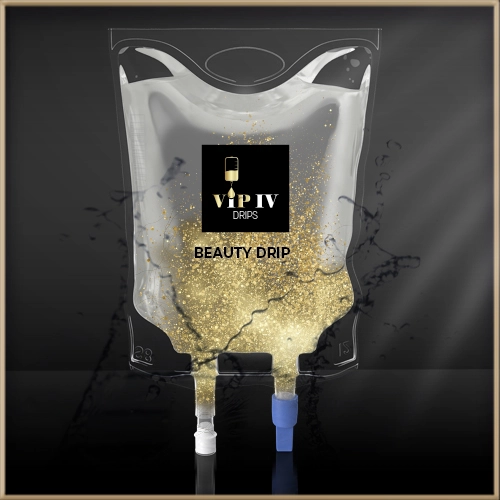 VIP IV Drip transparent bag with golden fluid in it and text "VIP IV DRIPS BEAUTY DRIP"